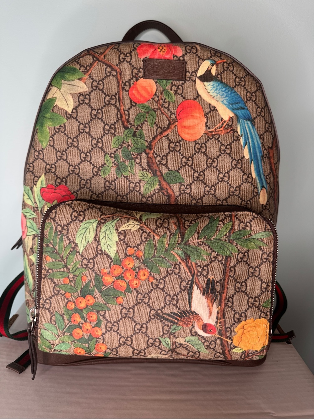 Gucci Brown GG Supreme Floral & Bird Canvas Backpack with Blue Accents